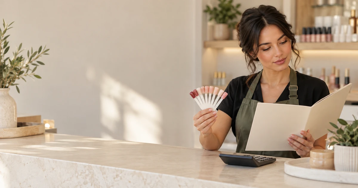 A beauty professional reviewing a service booklet beside nail colour samples and a calculator