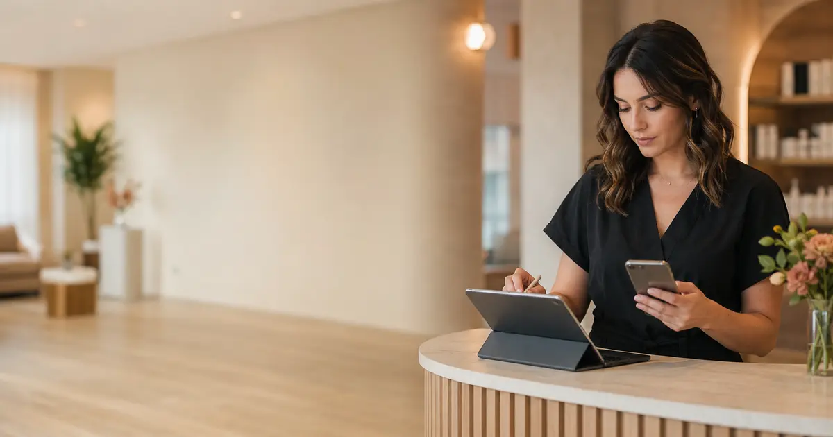 Güzellik uzmanı salon resepsiyonunda telefondan gelen randevuyu tablet takvimine ekliyor