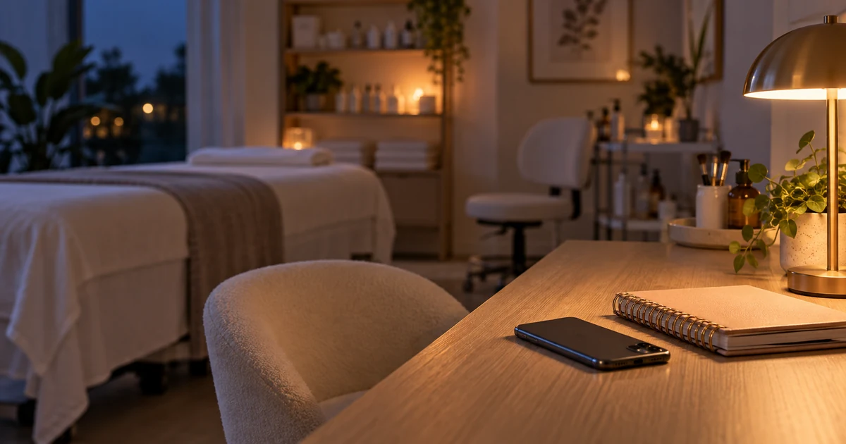 A phone and appointment planner in a quiet beauty studio after closing time