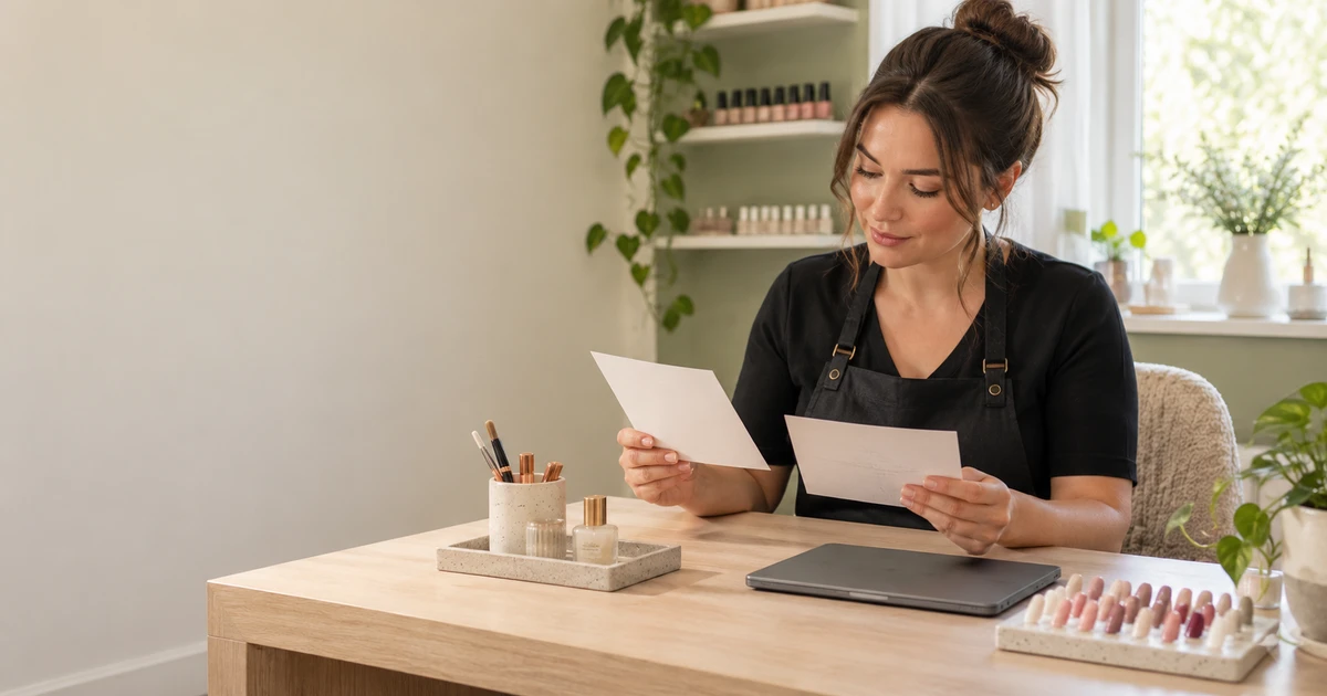 Beauty professional comparing client record cards beside nail colour samples in a quiet studio