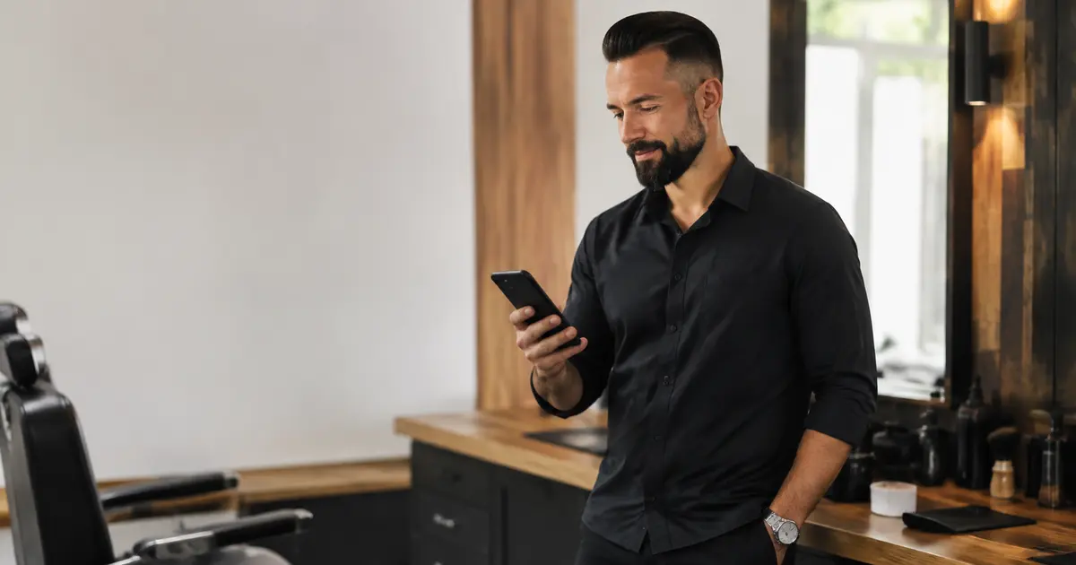 Barbier vérifiant son lien de réservation en ligne sur un téléphone dans un salon moderne
