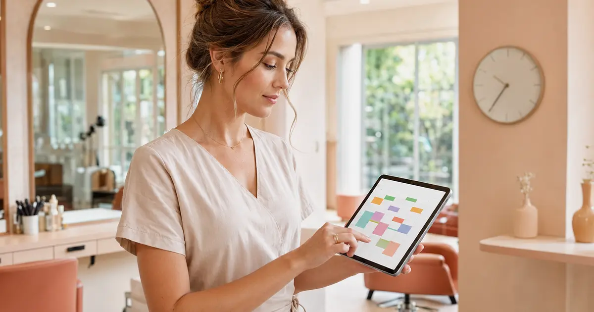 Beauty professional organizing her work schedule on a tablet in a salon