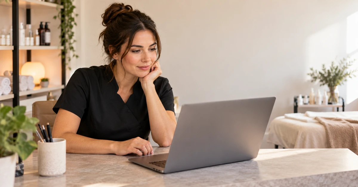 A beauty professional reviewing a laptop at a quiet reception desk