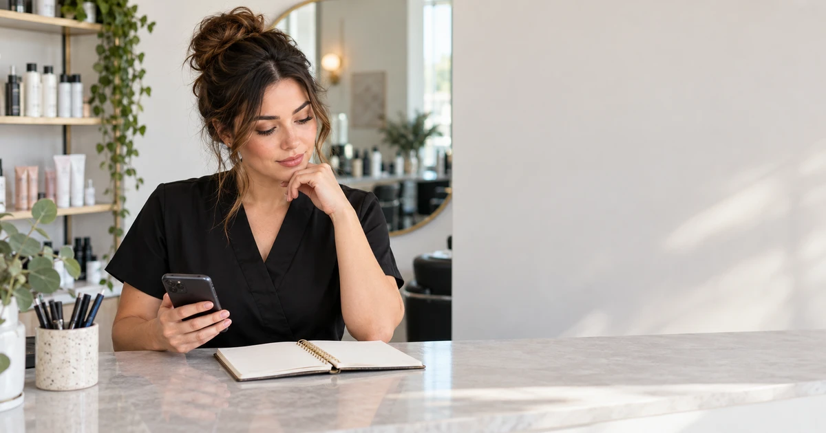 A beauty professional checking a notebook before answering a client by phone