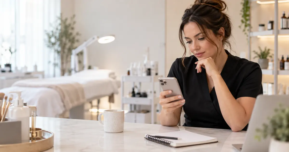 Beauty professional testing an online booking page on a phone in a calm studio