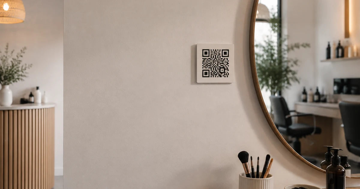 Pequeña tarjeta QR de reservas junto al espejo de un estudio de belleza tranquilo con amplio espacio libre en la pared