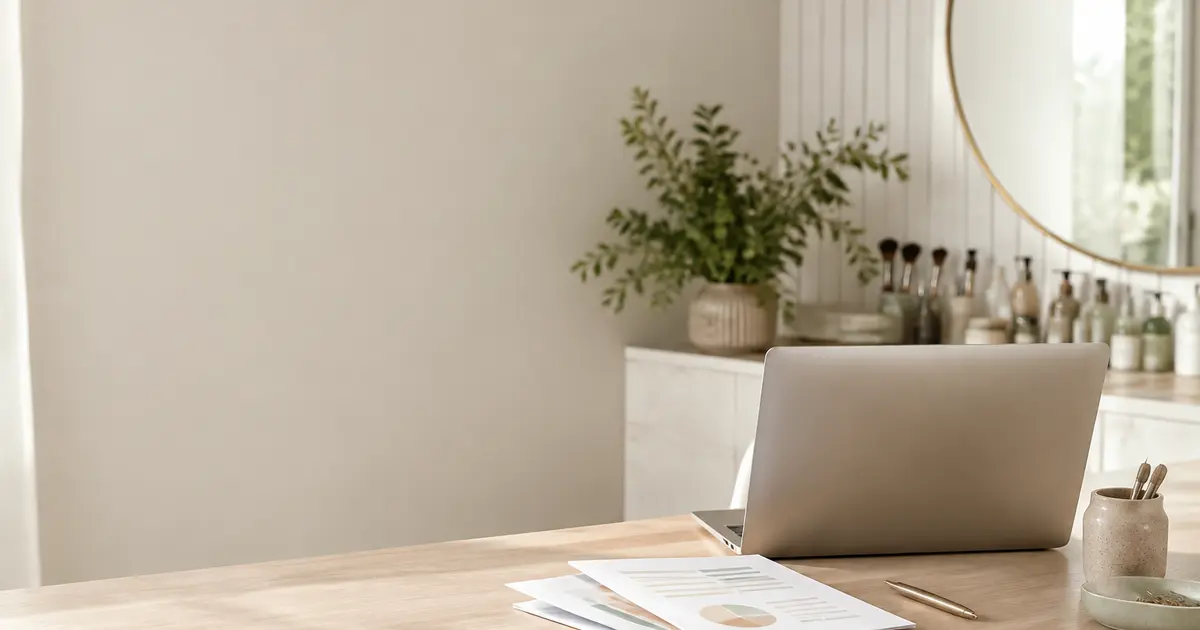 Beauty studio desk with a laptop and printed appointment charts