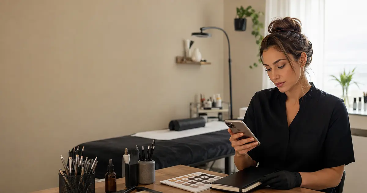 Brow artist reviewing her schedule on a phone in a calm modern studio