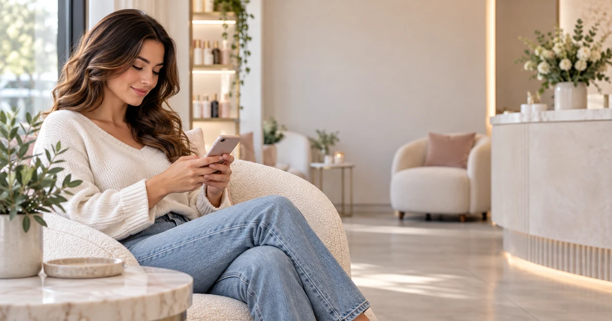 A client checking her phone in a quiet salon waiting area