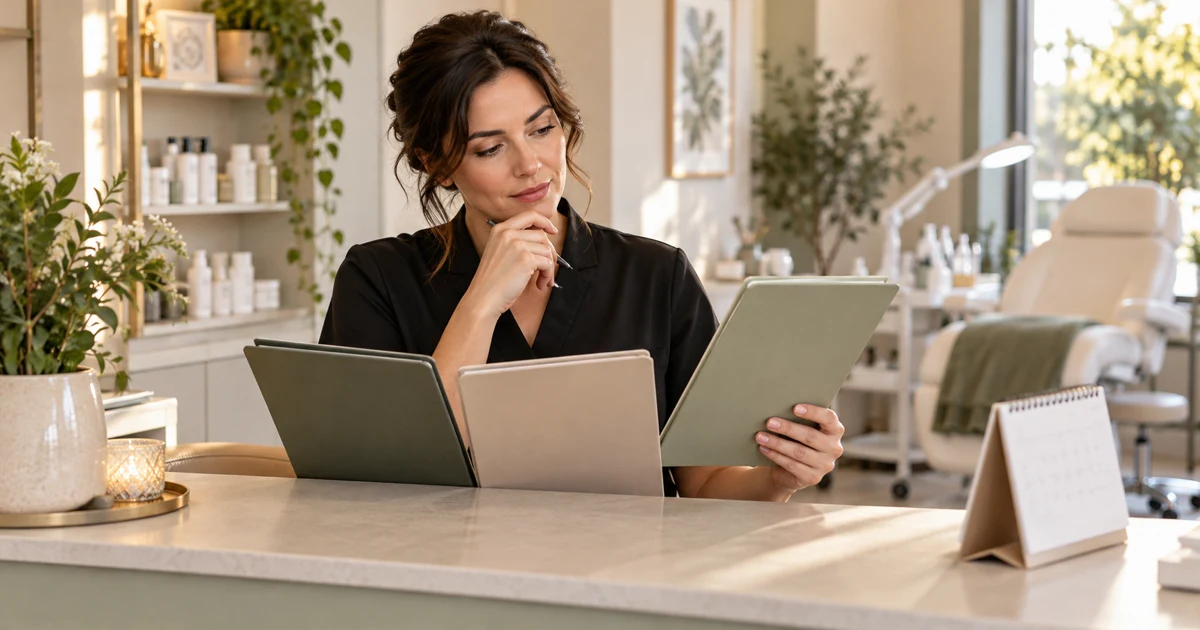 A beauty professional thoughtfully reviewing client folders at a salon reception desk