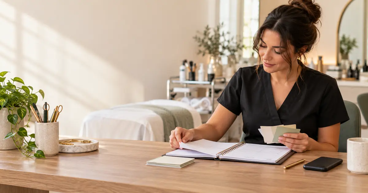 Beauty professional reviewing an organized client list at a studio desk