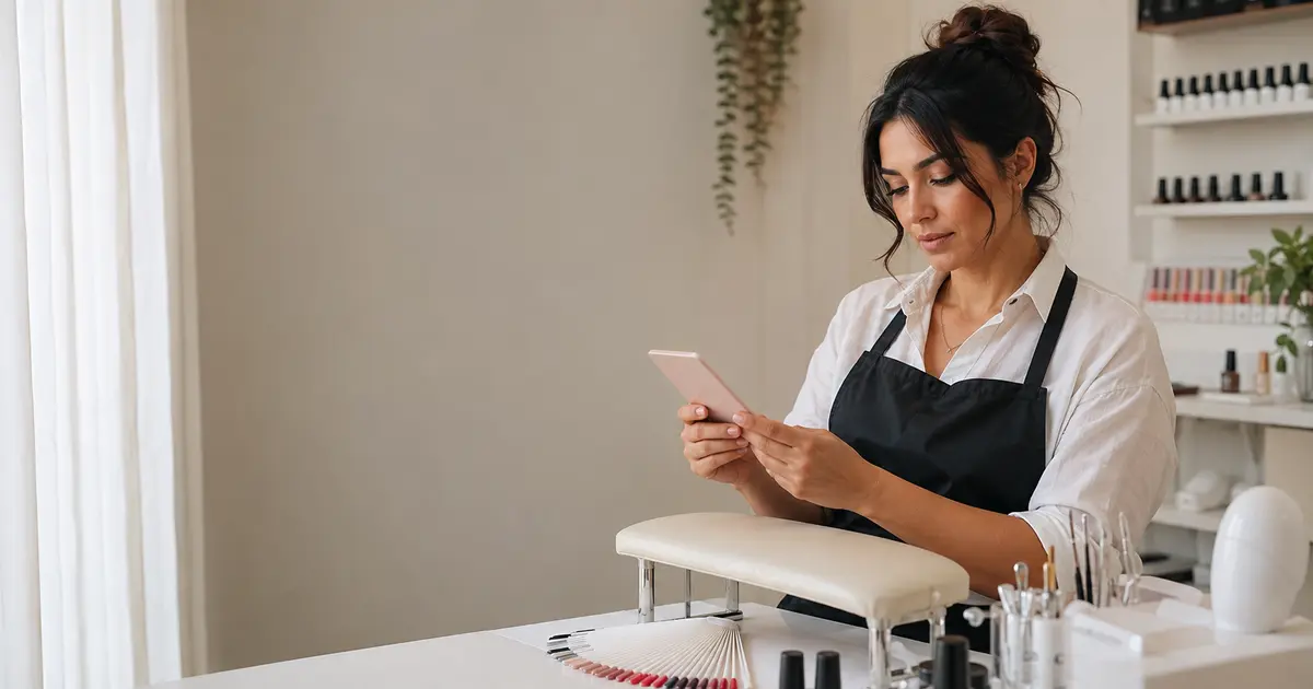 Manicurista revisando nombres de servicios en un estudio privado luminoso