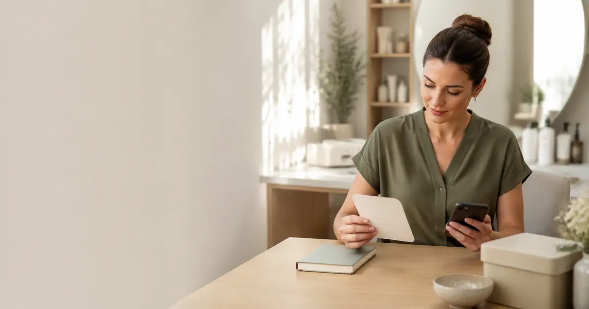 Profesional de belleza revisando una ficha de cliente en un estudio tranquilo