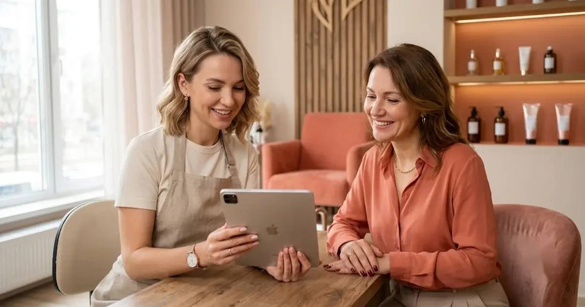 A beauty professional reviewing a client profile and appointment history in KLIOSO