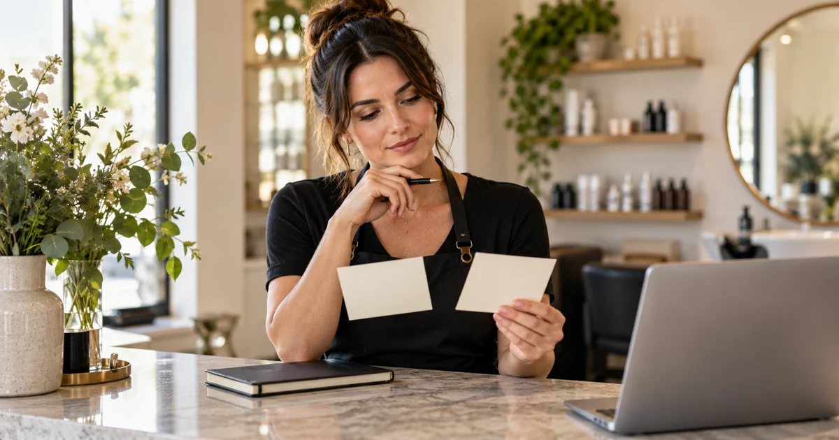 A beauty professional compares two blank note cards beside a notebook and laptop at a salon reception.