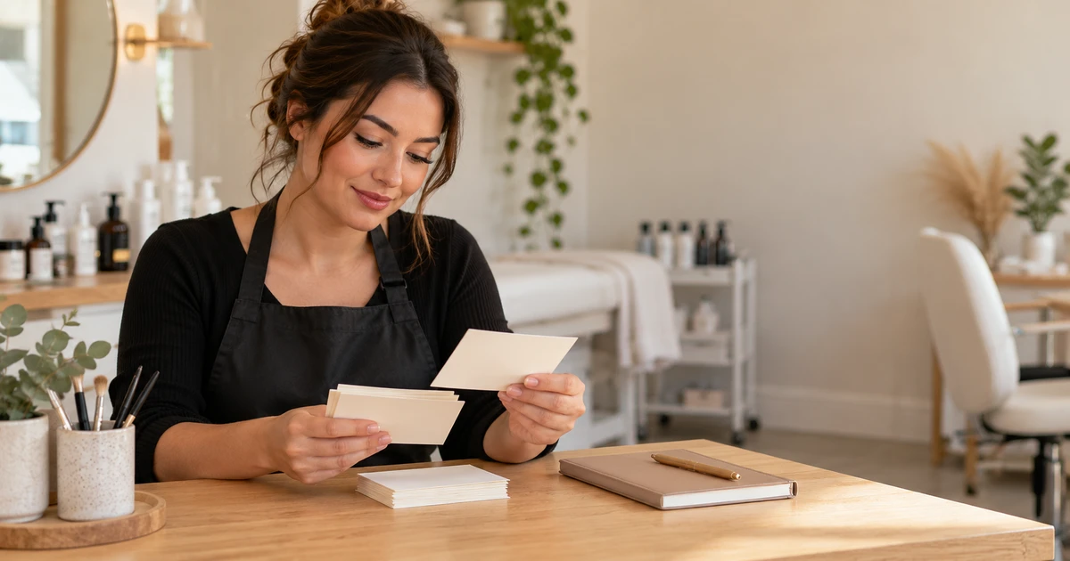 A beauty professional organizing blank cards at a salon desk