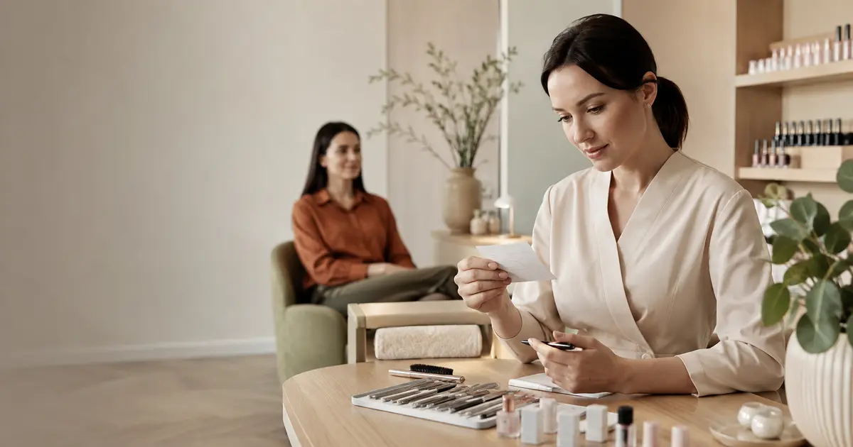 Beauty professional reviewing a returning client's visit note in a calm studio
