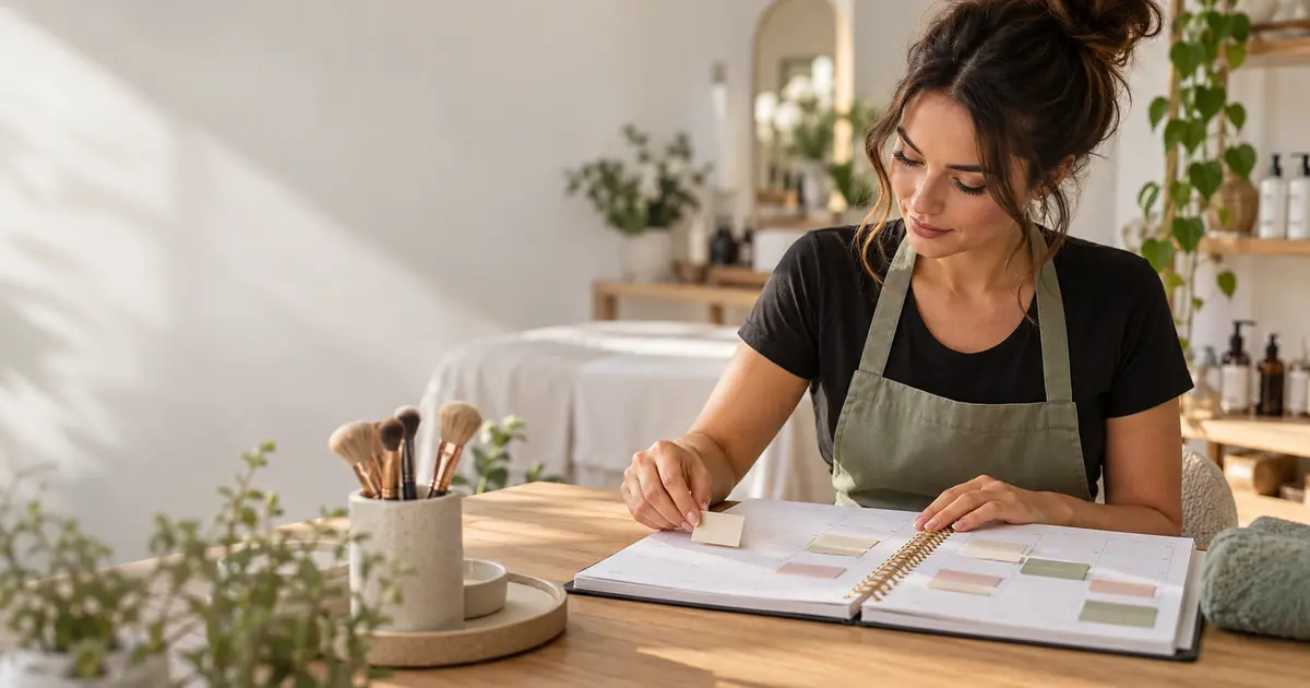 Beauty professional marking a closed date while keeping appointment cards in a planner