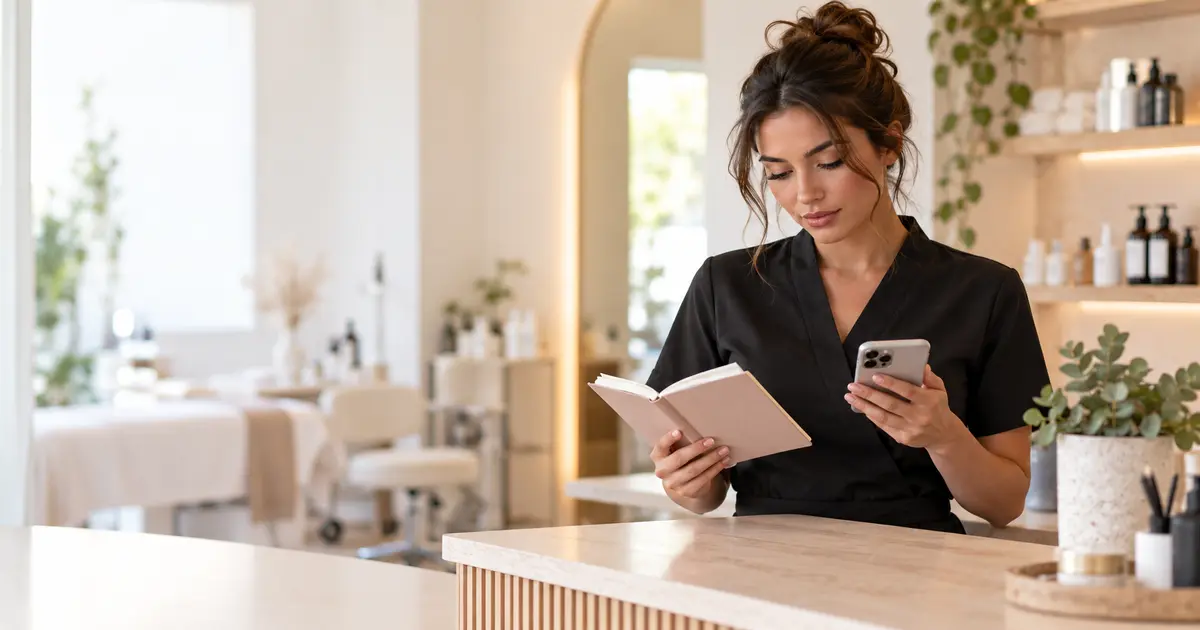 Beauty professional checking incomplete appointment details in a bright studio