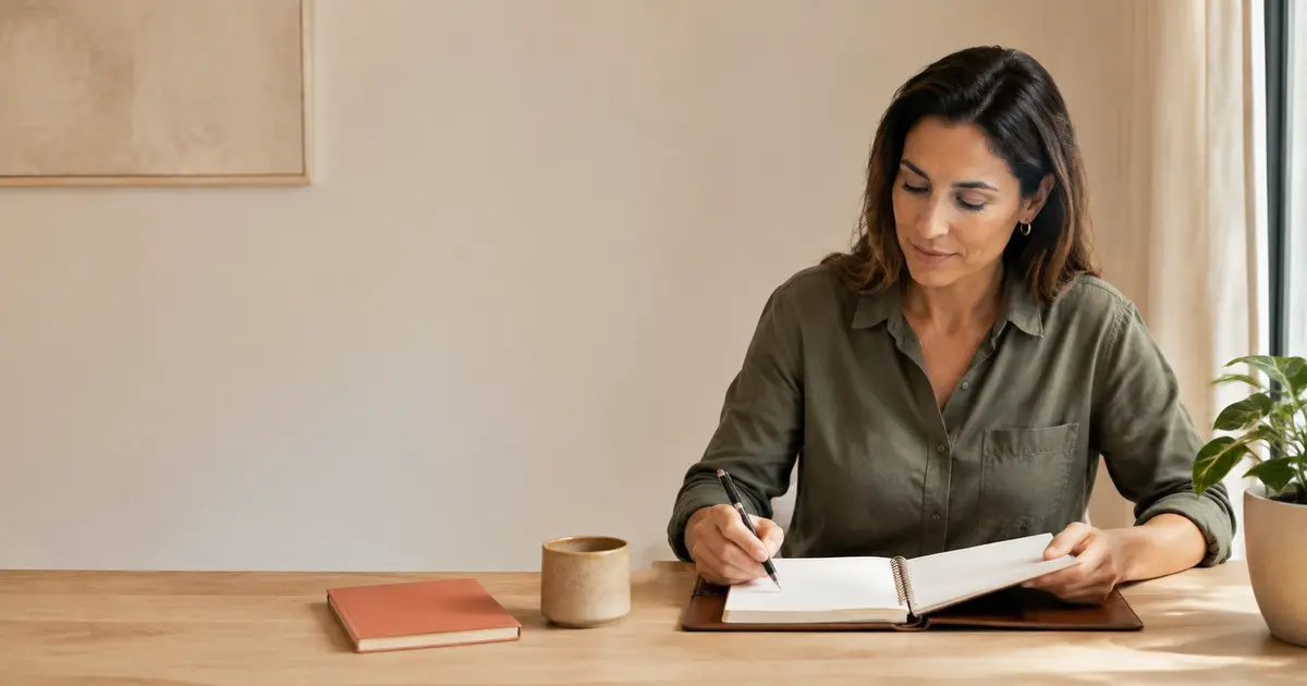Independent consultant reviewing a blank consultation planner in a bright modern home office