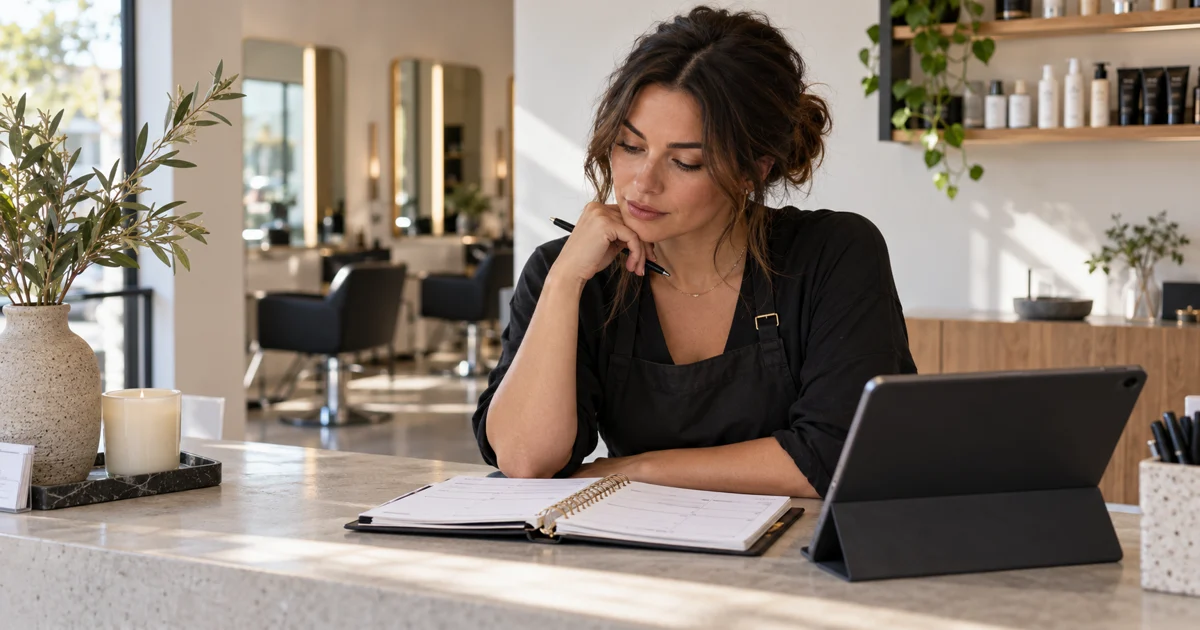 A beauty professional reviews a notebook beside a tablet at a quiet reception counter.