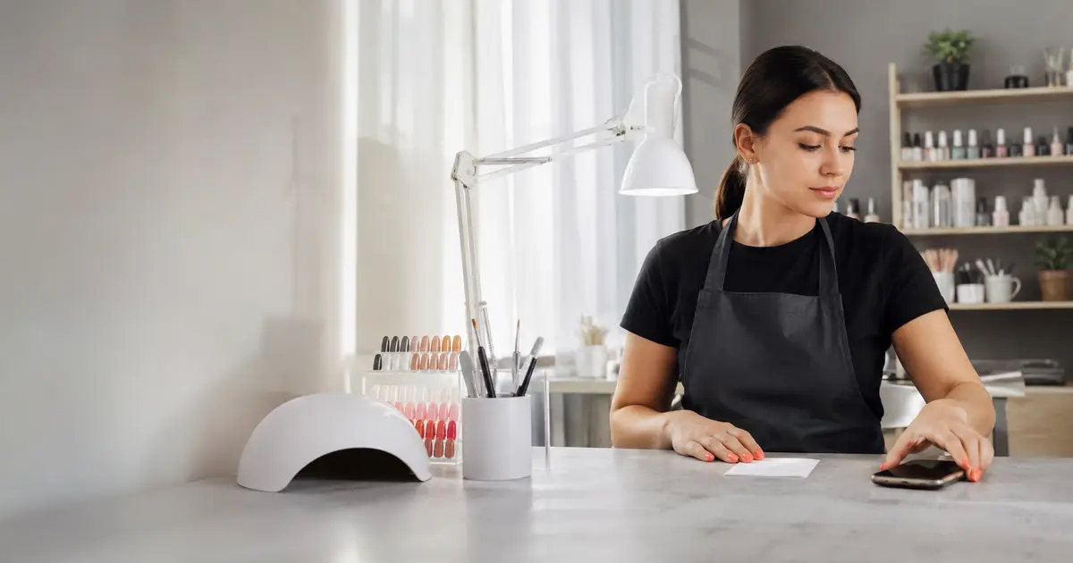 Nail technician calmly moving a phone aside while preparing a clean manicure workstation
