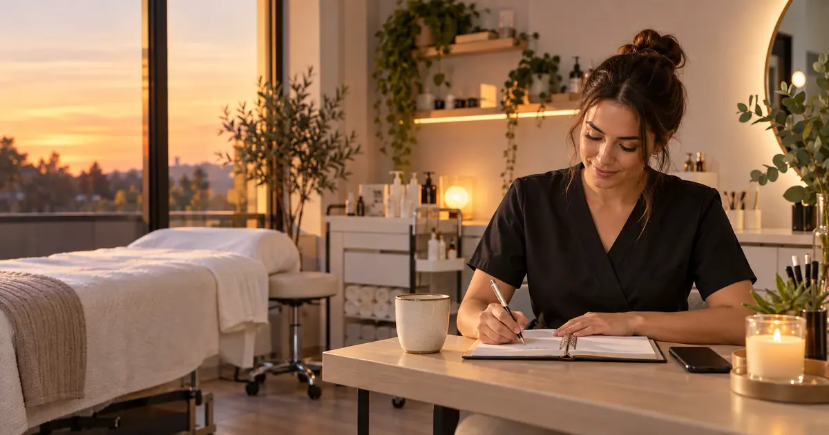 Solo beauty professional reviewing her schedule at the end of the workday