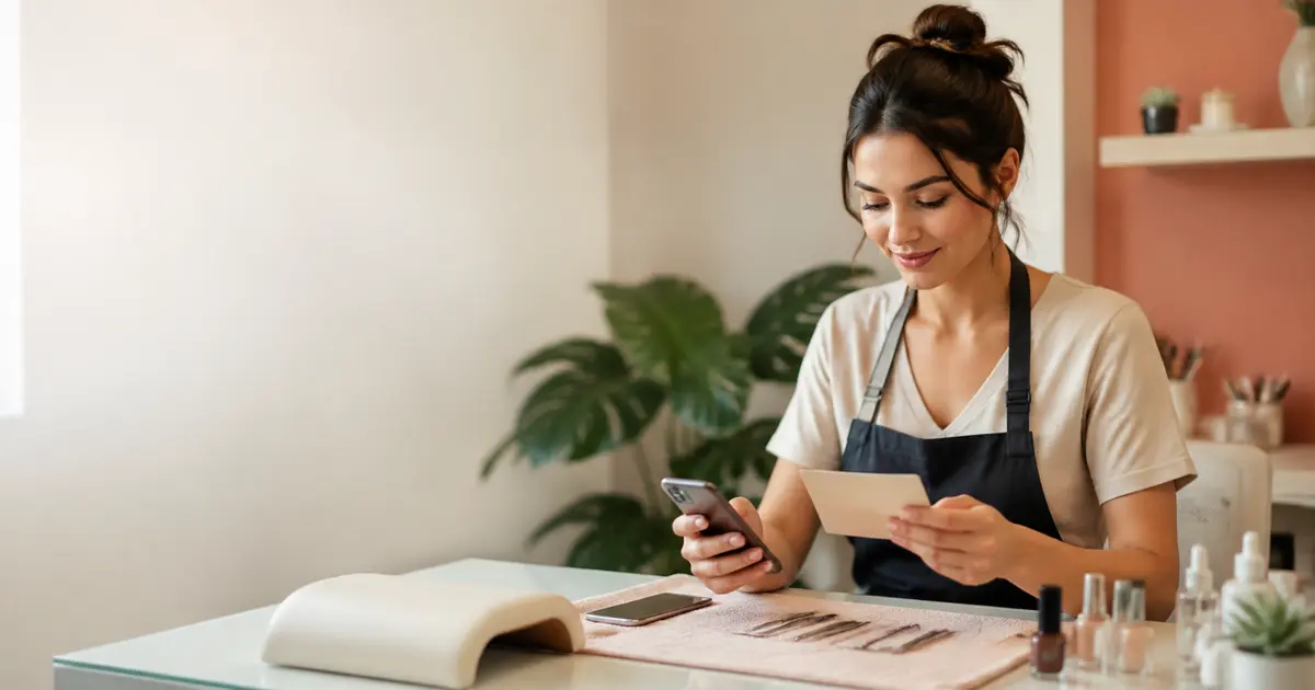 Profesional de belleza revisando los datos esenciales de una nueva reserva online en un estudio luminoso