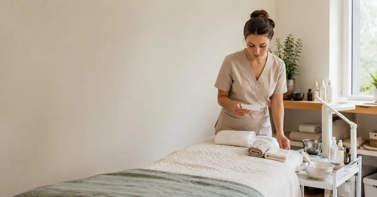 Esteticista preparando uma sala facial limpa com toalhas e utensílios de cuidado sem marcas