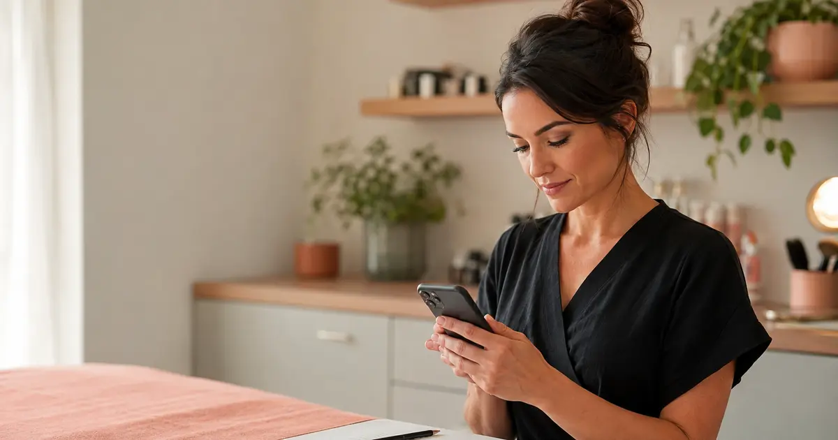 Specjalistka beauty szybko znajduje kartę klienta na telefonie przed wizytą