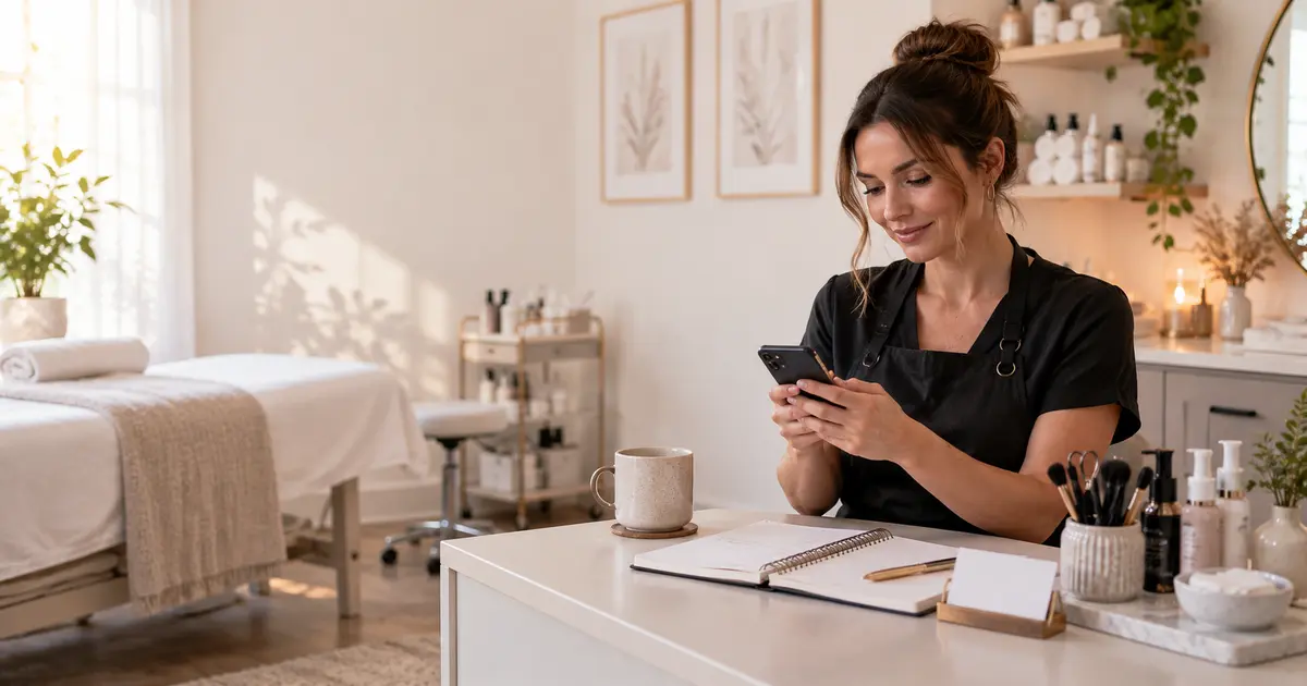 Beauty professional preparing a welcome message before a new client's first visit