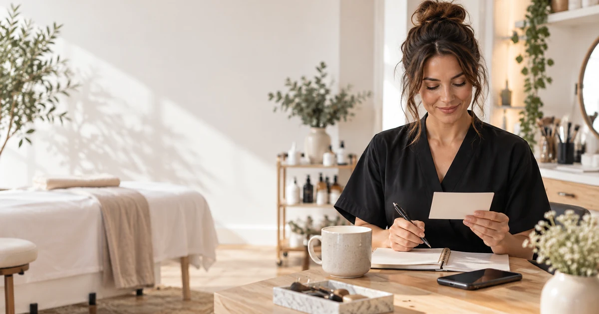 Beauty professional preparing a considerate repeat-visit reminder in a calm studio
