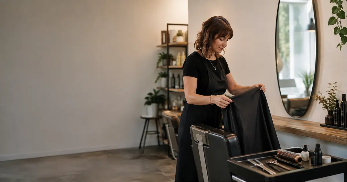 Hairdresser preparing a clean styling chair, cape and tools in a calm independent studio