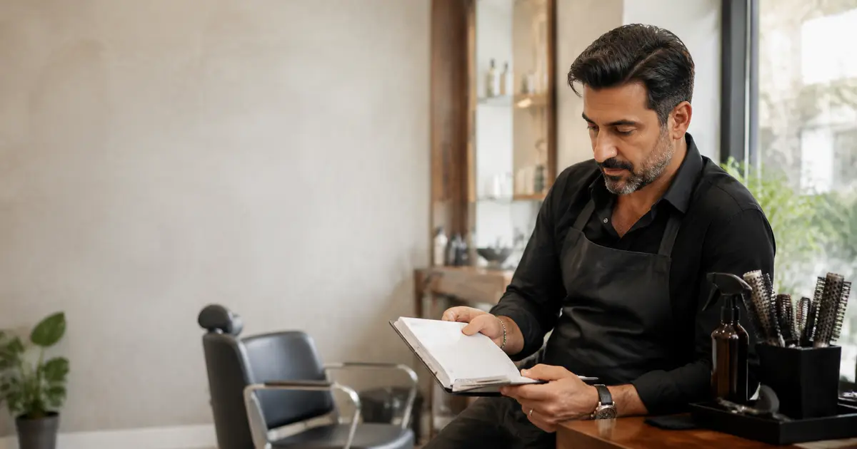 Peluquero revisando huecos libres en la agenda de un salón tranquilo