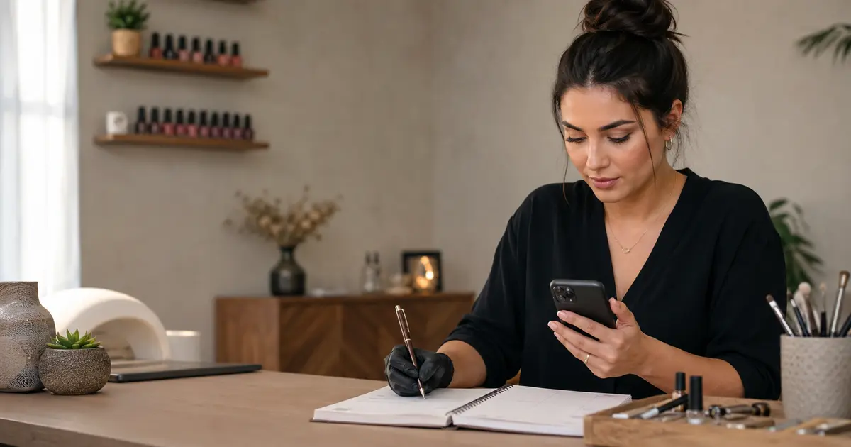 Professionnelle de beauté consultant son téléphone et notant un rendez-vous dans son agenda au studio