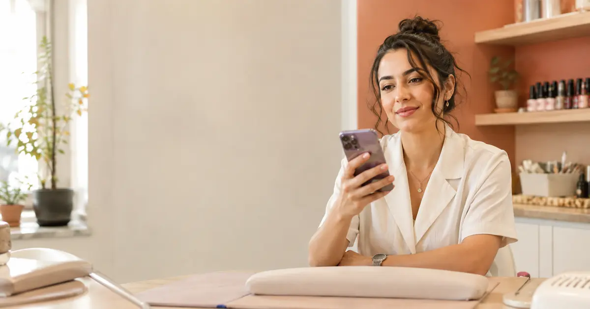 Beauty professional checking her Instagram profile before adding an online booking link