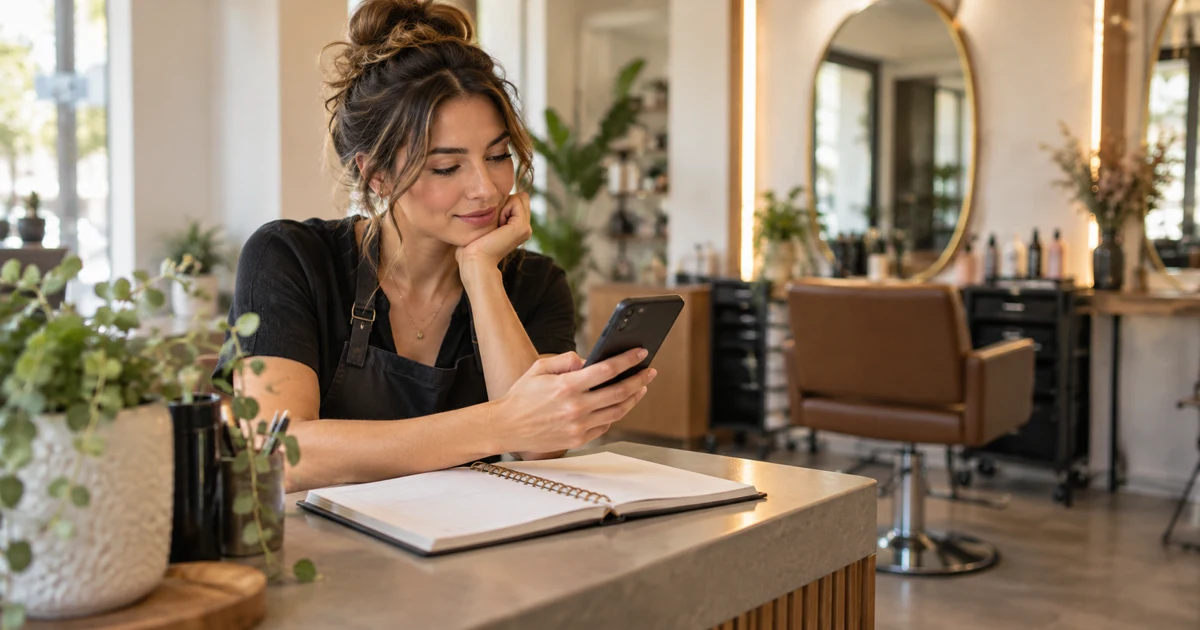 A salon professional checks a phone beside an appointment notebook.