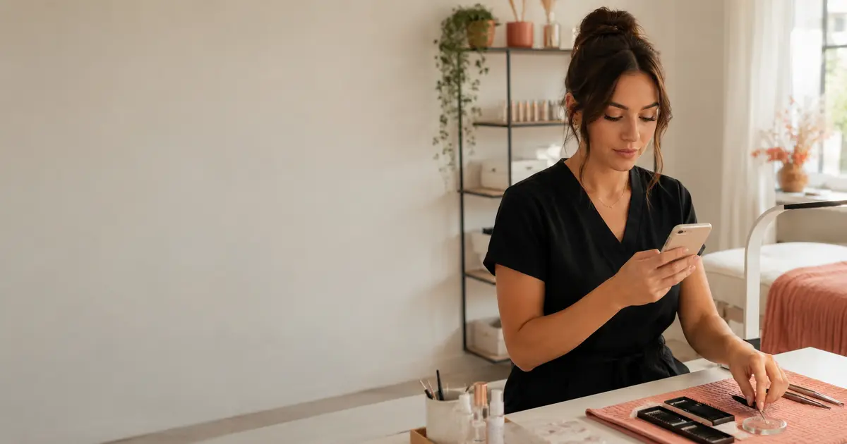 Lash artist che controlla l'agenda accanto a un lettino preparato in uno studio moderno e tranquillo