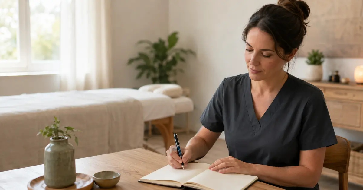 Masajista revisando un cuaderno vacío de cliente en una sala tranquila