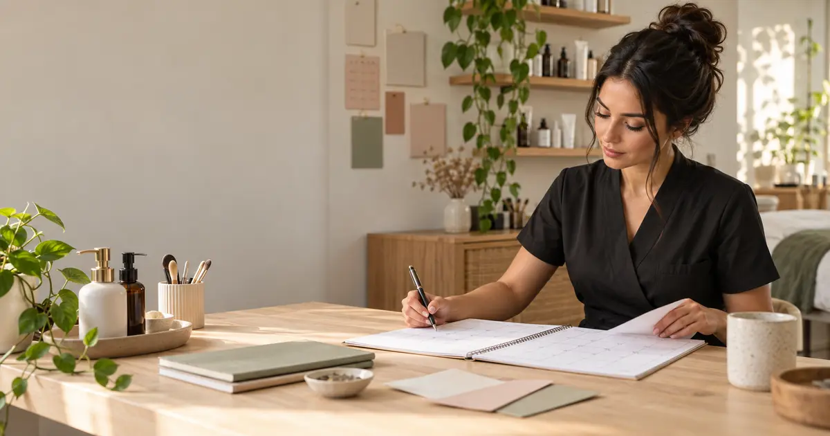 Beauty professional reviewing a paper appointment calendar before a new month