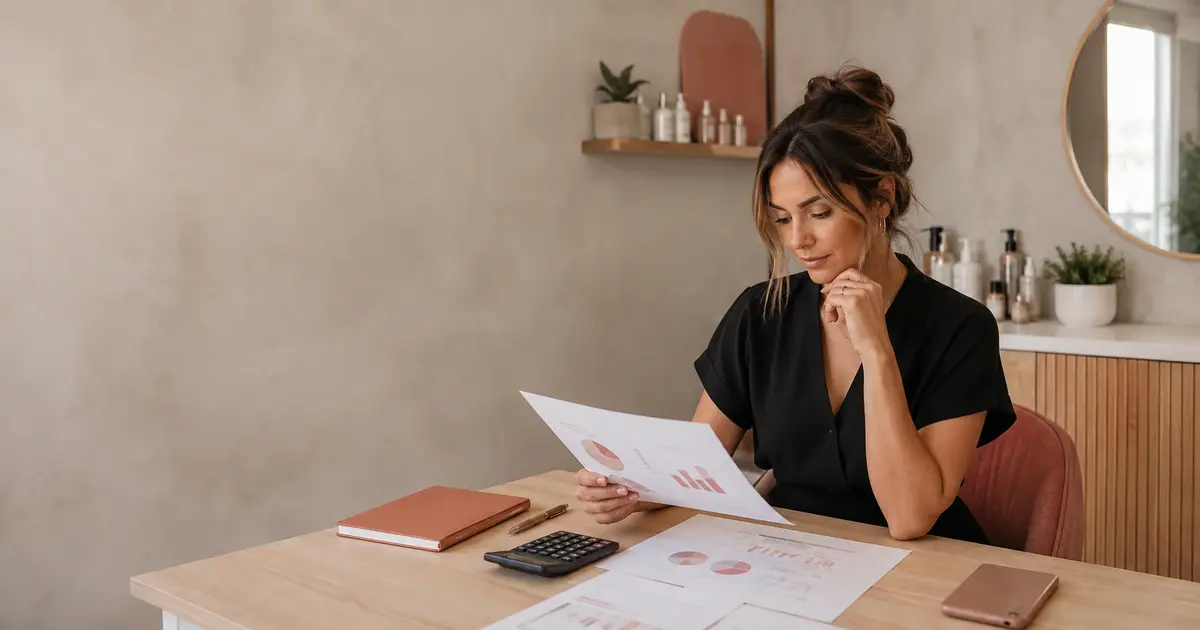 Profesional de belleza autónoma revisando cifras mensuales de citas e ingresos en una mesa tranquila