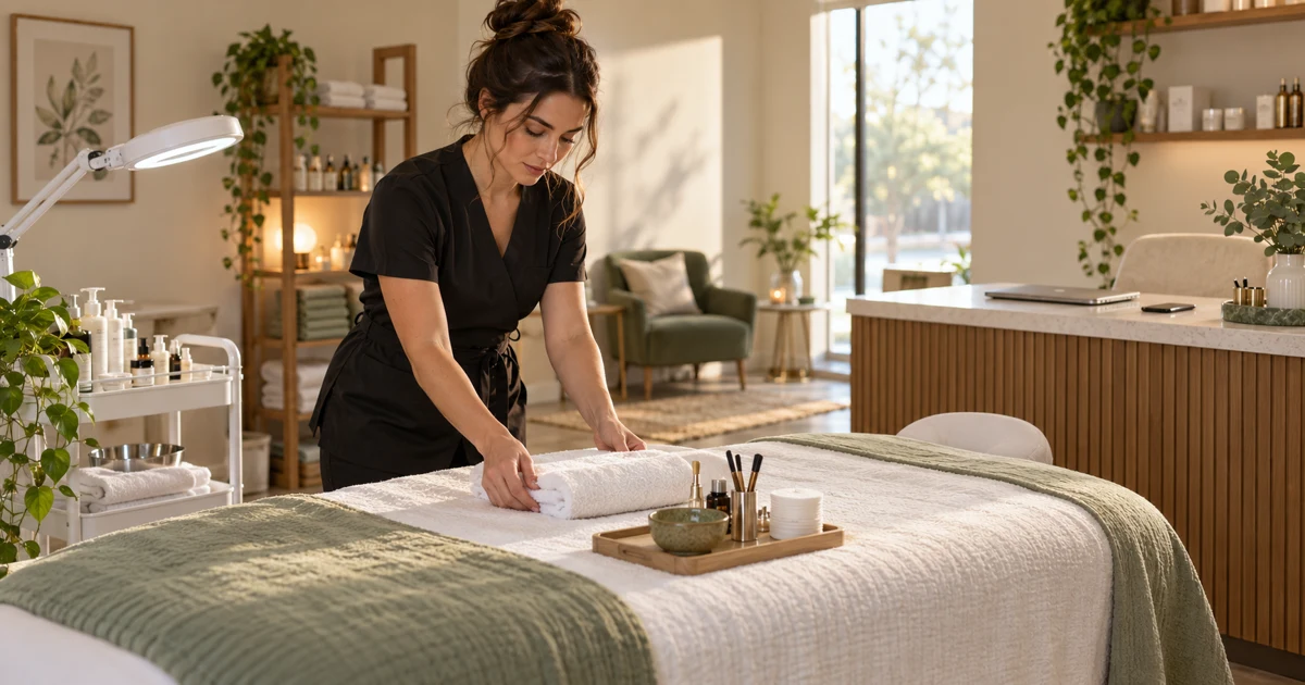 A beauty professional preparing a treatment station in the morning