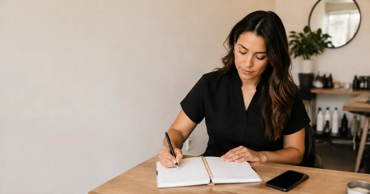 Professionnelle de beauté consultant un carnet de rendez-vous près d’un téléphone dans un studio calme