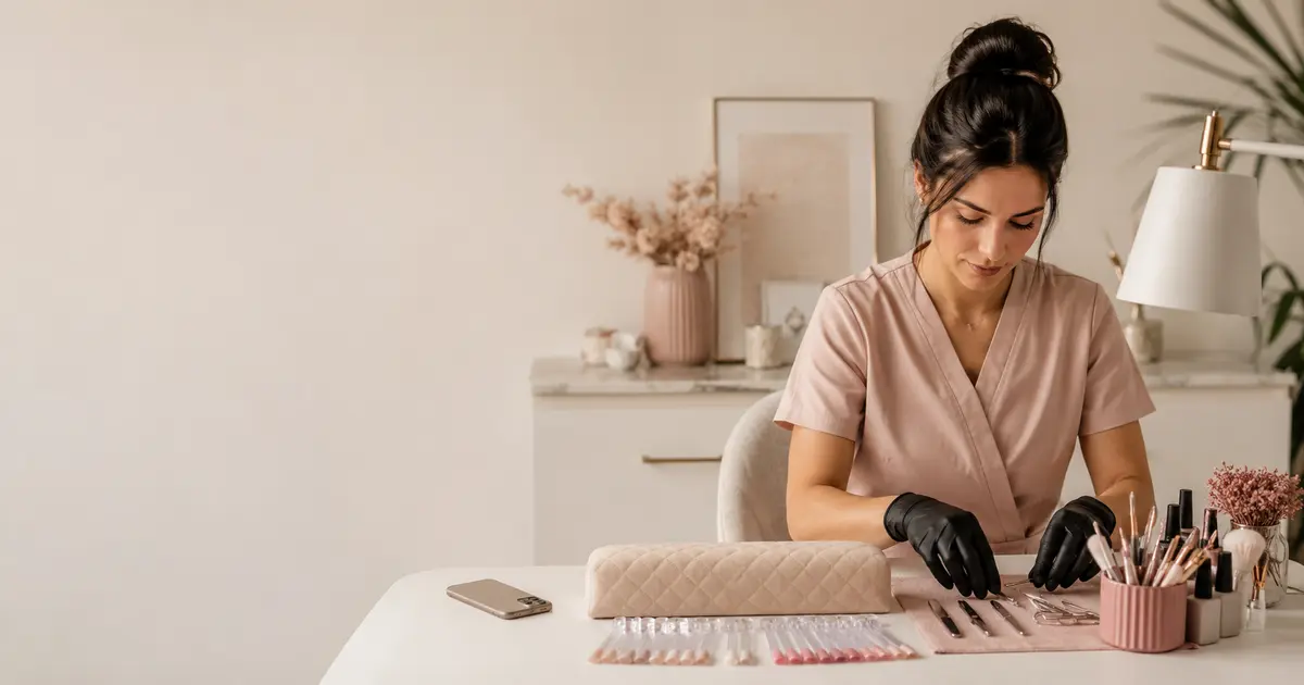 Nail technician arranging manicure tools and colour samples in a calm modern studio