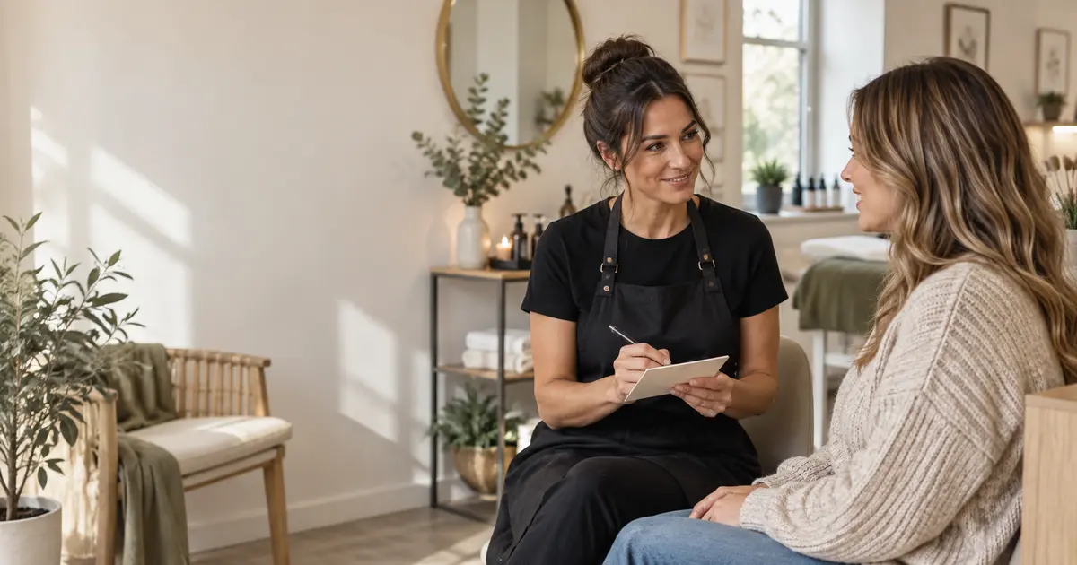 Beauty professional discussing essential first appointment details with a new client