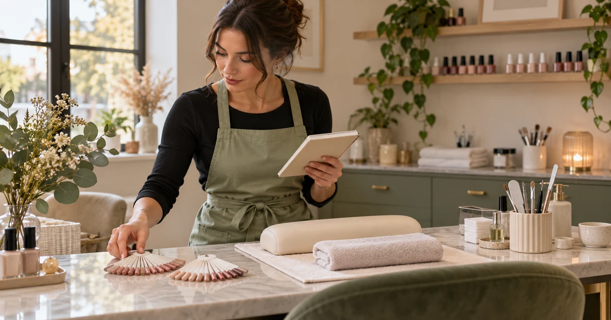 A beauty professional checking a notebook and preparing colour samples before a client arrives