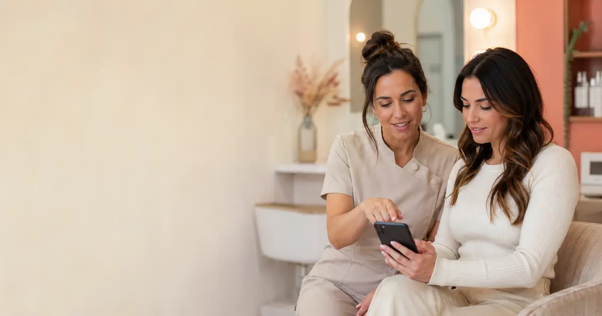 Beauty professional helping a client open a booking link on a smartphone