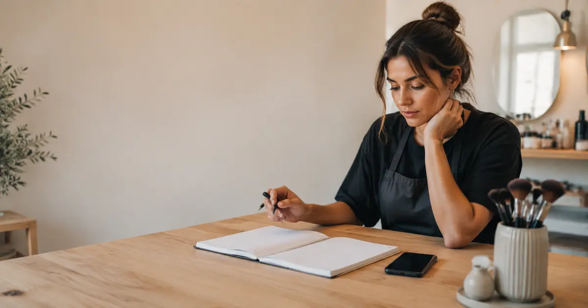 Solo beauté professionnel comparant un carnet de rendez-vous avec un smartphone dans un studio calme