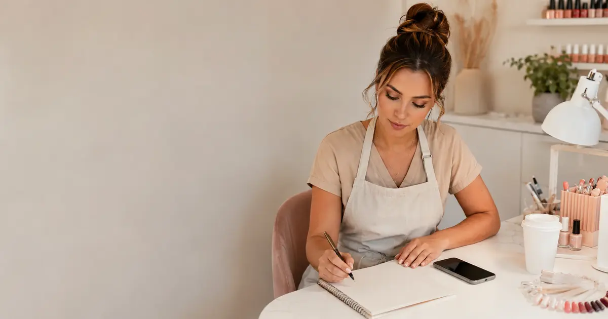 Beauty professional reviewing a blank launch checklist beside a smartphone in a calm studio