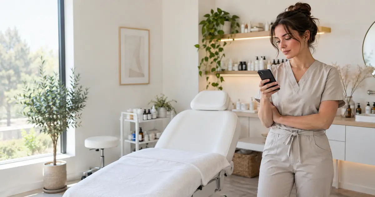 Beauty professional checking her phone beside an empty treatment chair